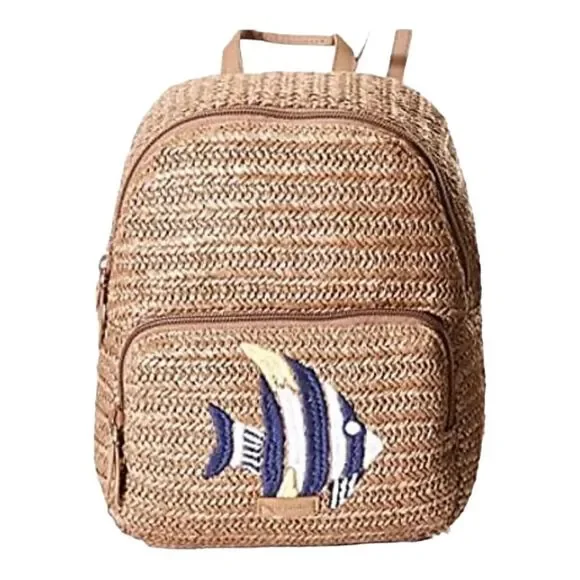 Vera Bradley Warm Stone Straw Mini Convertible Backpack Fish Applique EUC - Picture 1 of 6